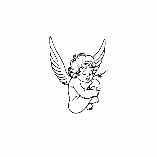 Minimalist cherub tattoo outline on clean white background