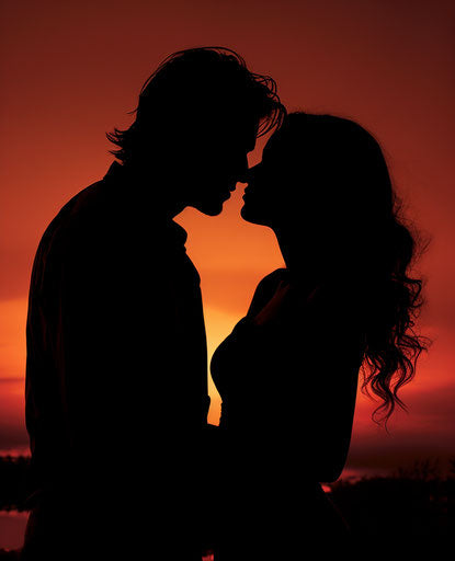 Silhouette of a couple at sunset, dark orange and light magenta style, romanticized femininity, poetcore, associated press photo, distinctive noses, black and white intimacy, ferrania p30 25:31