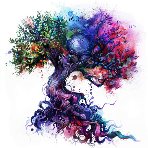 Surreal tree of life tattoo illustration, dream-like elements and fantastical colors on white background