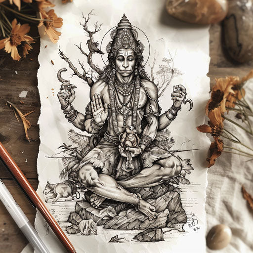 Rustic flat tattoo sketch of Hanuman in a forest setting with animals