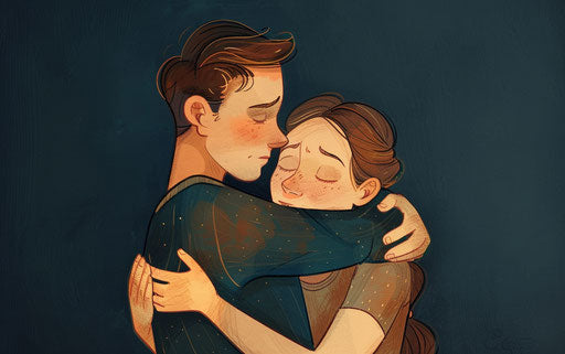 Hug in light brown and dark blue