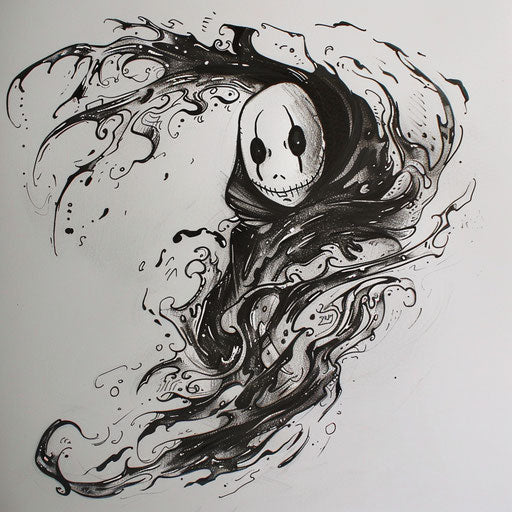 Energetic flat tattoo sketch of No-Face with swirling spirits