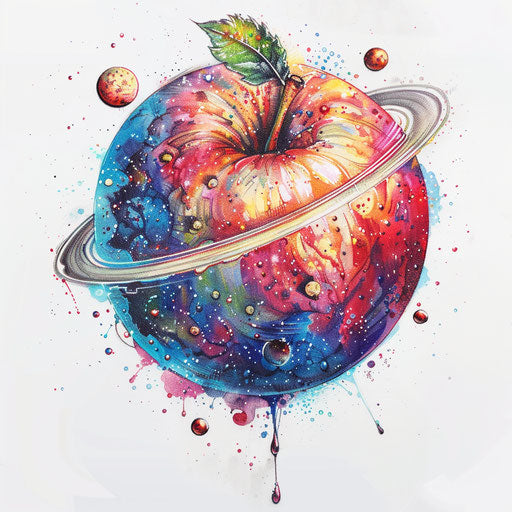 An apple as a planet, with tiny moons orbiting