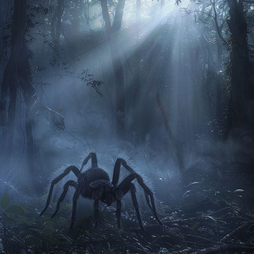 Tarantula in a misty forest with rays of light