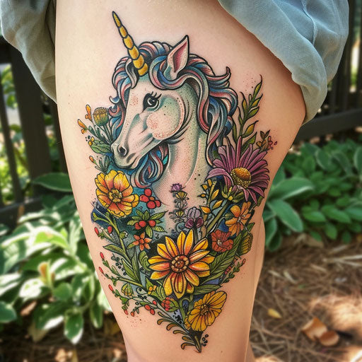 Wildflower tattoo with unicorn, bright colors, mythical theme, detailed design