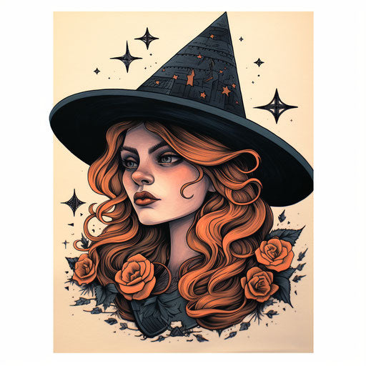A witch with a hat and rosy hair art print, in the style of classic tattoo motifs