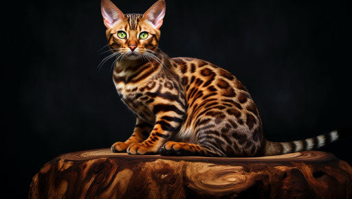 Bengal cat on stump, bold patterns, smooth lines, exciting texture