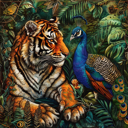 Harmony between tiger and peacock in the jungle