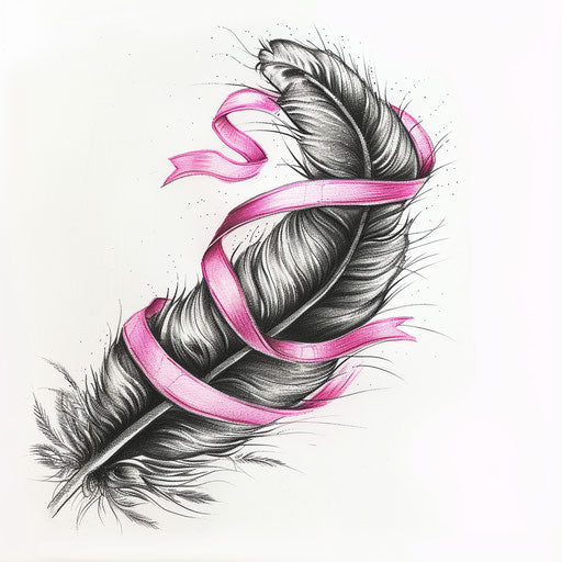 Artistic interpretation of a feather with a pink ribbon motif