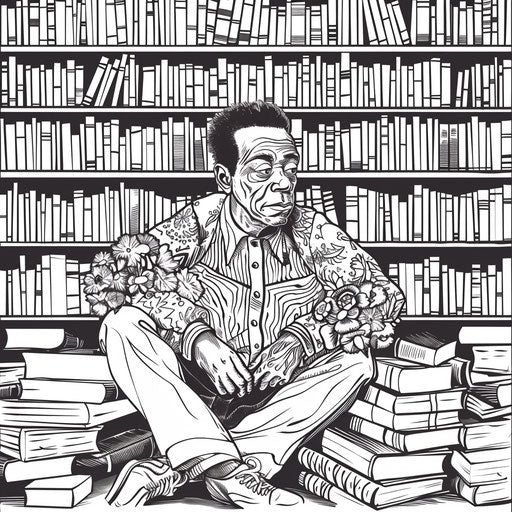 Whimsical portrait of Baldwin in a literary setting