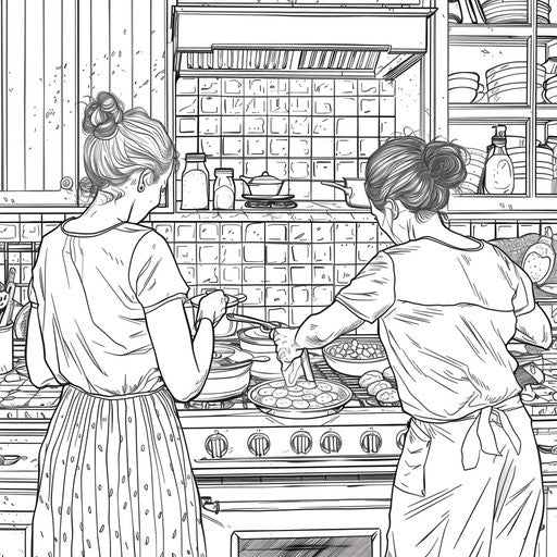 Friends baking cookies in a kitchen. Coloring book page