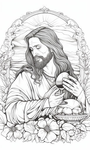 Jesus eating from palm coloring page, in the style of tattoo-inspired, graphic 29:48