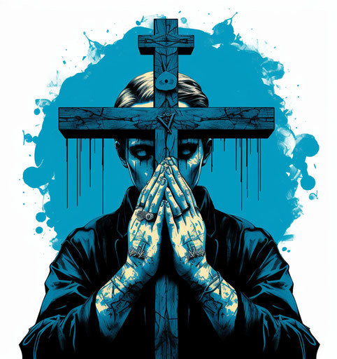 Blue praying cross in stock, pop art tattoo gothic style