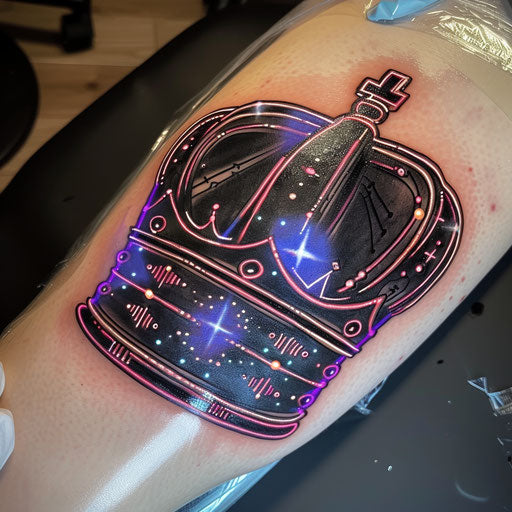 Cyberpunk king crown tattoo with glowing neon lines