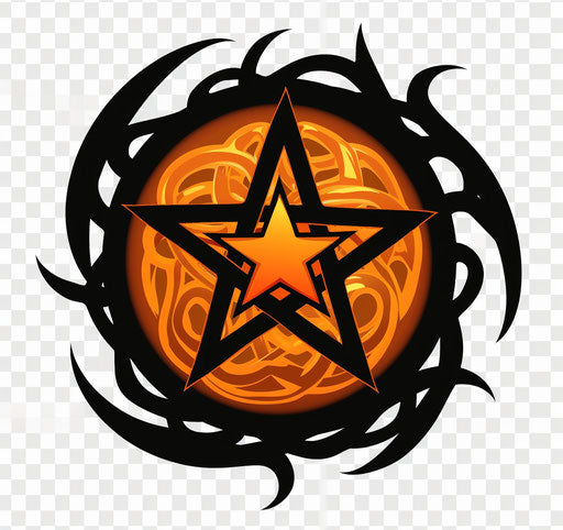 Black pentacle symbol with orange star, punk style