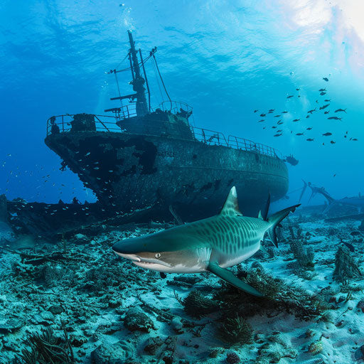 The gentle glide of a tiger shark near a shipwreck
