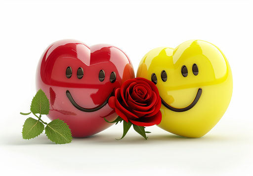 Two cute happy smiling faces in love with a red heart and rose
