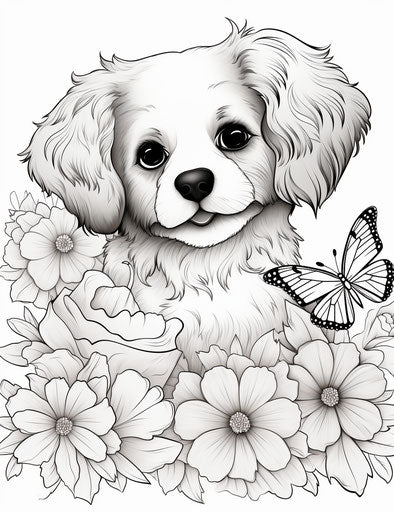 The puppy with flowers and butterflies coloring page