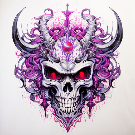 Black skull tattoo drawing in Rodney Matthews style