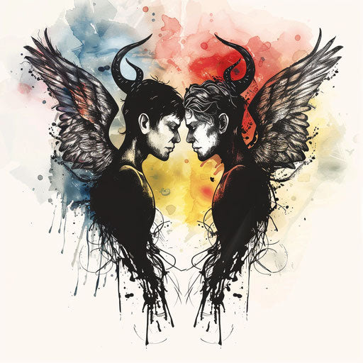 Sketch of a tattoo of an angel and a devil with intertwined wings