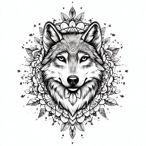 Wolf in mandala on white background