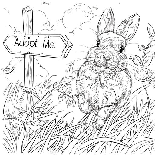 A rabbit playing in the meadow with a sign saying 'Adopt Me'