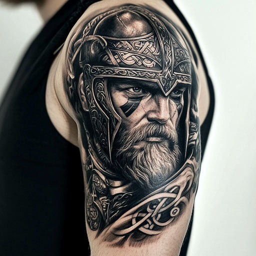 Upper arm tattoos for men with a detailed Norse warrior