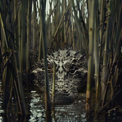 Crocodile hidden among reeds in a swampy area