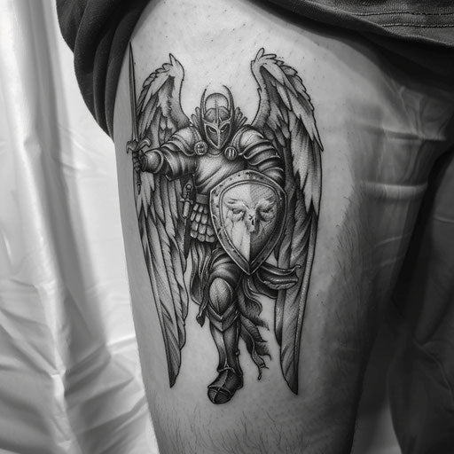 Guardian angel warrior tattoo, strength and protection on white