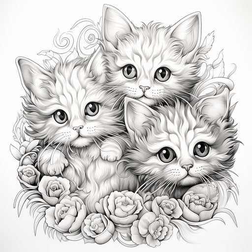 Cats drawing coloring page, in the style of Anne Geddes, ornamental, realistic, Hinchel