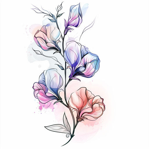 Charming sketch of a sweet pea accented with watercolor effects