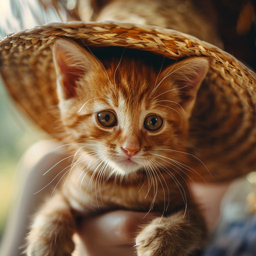 Person holding an orange kitten with a straw hat