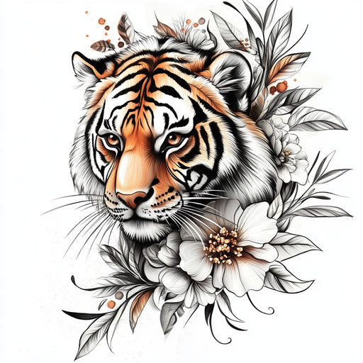 Tiger tattoo with Art Nouveau influence, flowing lines and floral motifs