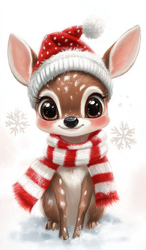 Young deer with red and white striped scarf