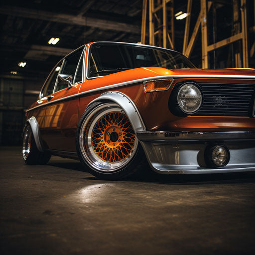 Classic BMW car with wheel and tire upgrades