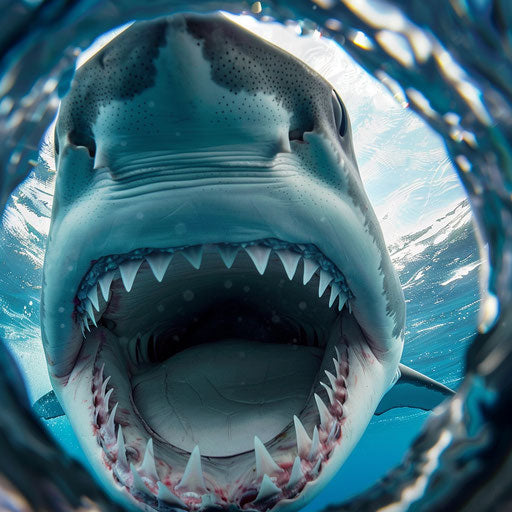 Dynamic view inside a shark's mouth