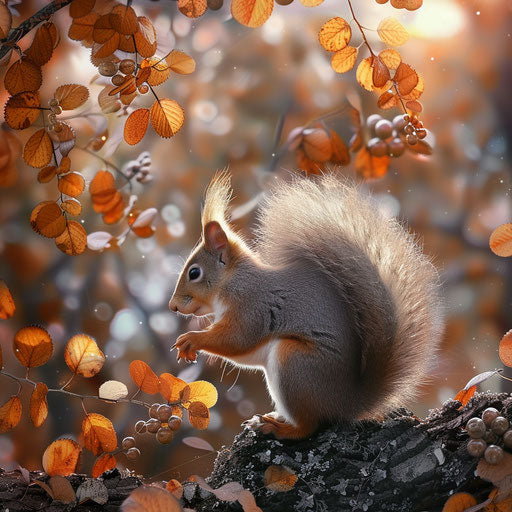 Squirrel with Fluffed Up Tail in Autumn Setting in the Style of Simen Johan