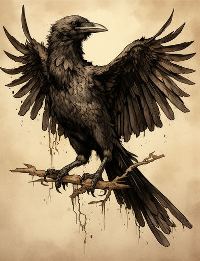 The raven flies on a soft beige background