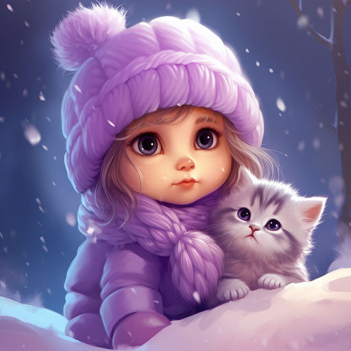 Cute baby kitten cartoon wallpaper in violet and magenta snow scene