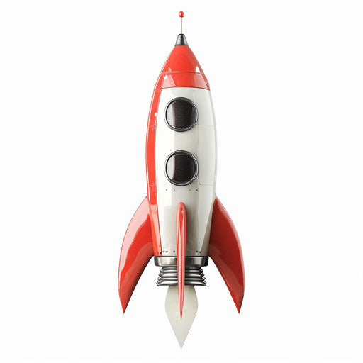 Realistic rocket clipart on flat white background, bright colors