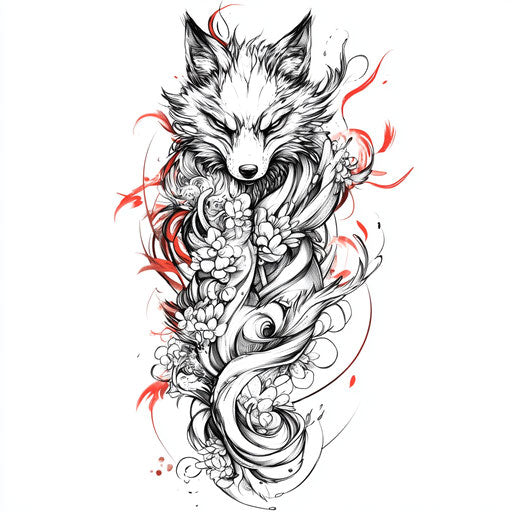 Yakuza back tattoo with mystical kitsune on white background