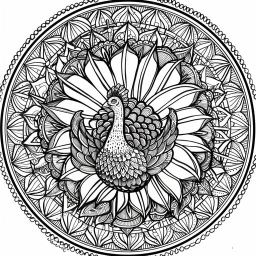 Detailed mandala with a turkey at the center. Coloring book page