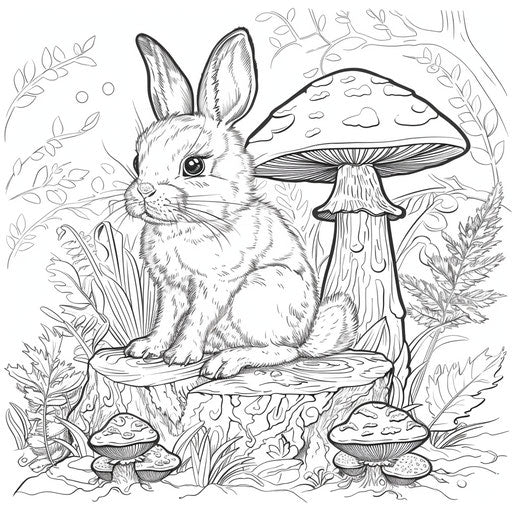 Fairy-tale bunny sitting on a mushroom in an enchanted forest