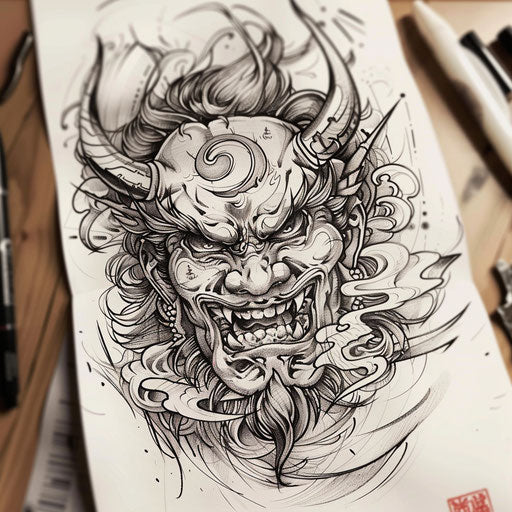 Japanese demon with mystical symbols and dark clouds