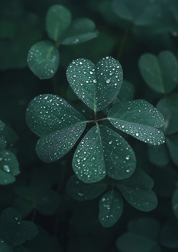 Four-leaf clover with dew drops on dark green background