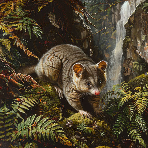 A white-tail possum nestled among ferns and moss, with a gentle waterfall in the background