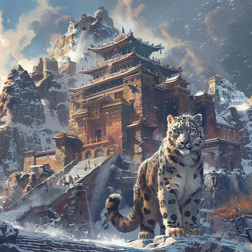 Snow leopard guarding ancient snow-covered temple
