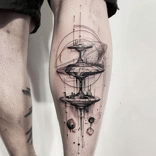 Abstract UFO tattoo blending surreal elements and distorted shapes