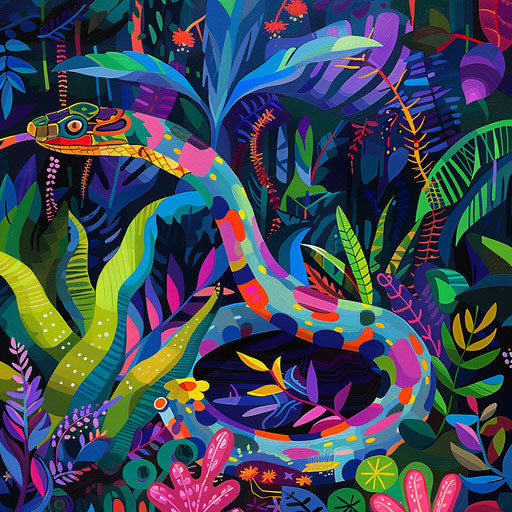 Snake in a vibrant rainforest with colorful flora
