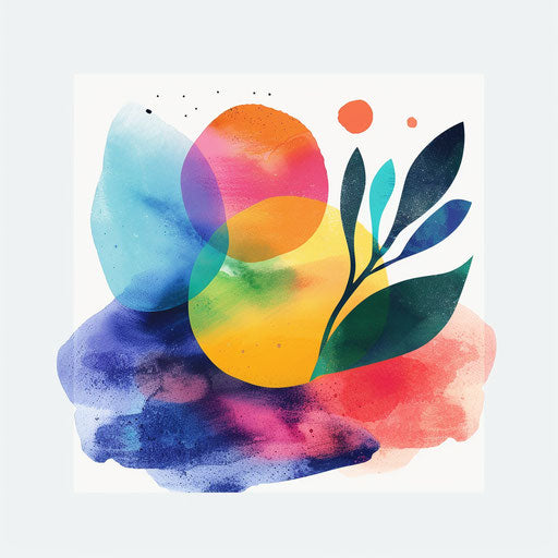 Logos with hand-drawn elements and a colorful palette, on a watercolor background